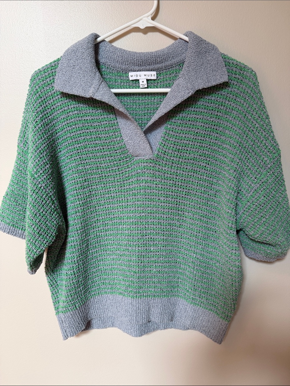 Miou Muse Green & Gray V-Neck Knit Polo Sweater